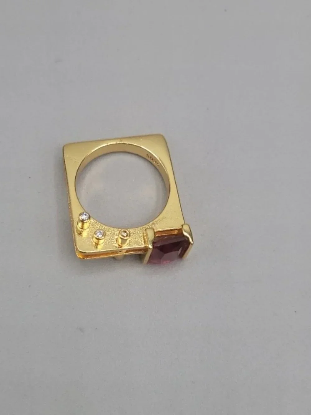 VTG Gold Vermeil Geometric Statement Ring Emerald Cut Pink Red Crystal 925 8.6